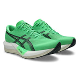 Unisex ASICS Magic Speed 5 tempo trainers in vital green and carrier grey with breathable mesh uppers and cushioned soles.