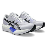 Unisex ASICS Magic Speed 5 tempo trainers in white and black, lightweight running shoes with breathable mesh upper.