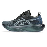 Unisex ASICS Megablast tempo trainers in black and white, showcasing the sleek design and sporty style of the running shoes.