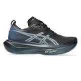 Unisex ASICS Megablast tempo trainers in black and white with breathable mesh upper and cushioned midsole.
