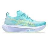 Unisex ASICS Megablast Tempo Trainers in energy aqua blue with fade design, showcasing lightweight sneaker style and branding.