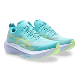 Unisex ASICS Megablast energy aqua blue fade tempo trainers with lightweight mesh upper and cushioned sole for running.