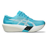 Unisex ASICS Metaspeed Edge Tokyo road racing shoes in white with aqua accents, designed for speed and performance.