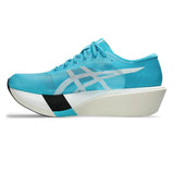 Unisex ASICS Metaspeed Edge Tokyo road racing shoes in white with aqua accents, lightweight and designed for speed.