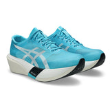 Unisex ASICS Metaspeed Edge Tokyo road racing shoes in white with blue accents, designed for speed and lightweight running.