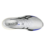Unisex ASICS Metaspeed Edge Tokyo road racing shoes in white with cobalt burst accents, lightweight and sleek for competitive running.