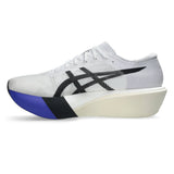 Unisex ASICS Metaspeed Edge Tokyo road racing shoes in white and cobalt burst with breathable mesh upper and lightweight design.