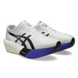 Unisex ASICS Metaspeed Edge Tokyo road racing shoes in white with cobalt burst accents, lightweight and designed for speed.