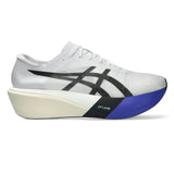 Unisex ASICS Metaspeed Edge Tokyo road racing shoes in white with cobalt burst accents, designed for speed and performance.