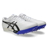 Unisex ASICS Metaspeed LD 2 track and field running shoes in white with cobalt burst accents.