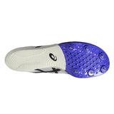Unisex ASICS Metaspeed LD 2 track and field running shoes in white with cobalt burst accents, designed for speed and performance.