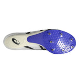 Unisex ASICS Metaspeed SP 2 track and field running shoes in white and cobalt burst with breathable mesh and supportive design.