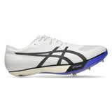 Unisex ASICS Metaspeed SP 2 track and field running shoes in white with cobalt burst accents, designed for speed and performance.