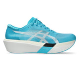 Unisex ASICS Metaspeed Sky Tokyo road racing shoes in white with blue accents, designed for speed and lightweight performance.