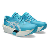 Unisex ASICS Metaspeed Sky Tokyo road racing shoes in white with aqua accents, designed for speed and lightweight performance.