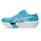 Unisex ASICS Metaspeed Sky Tokyo road racing shoes in white with aqua accents, designed for lightweight speed and performance.