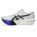 Unisex ASICS Metaspeed Sky Tokyo road racing shoes in white with cobalt burst accents, designed for speed and performance.