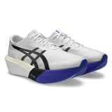 Unisex ASICS Metaspeed Sky Tokyo road racing shoes in white with cobalt burst accents, designed for speed and performance.