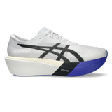 Unisex ASICS Metaspeed Sky Tokyo road racing shoes in white and cobalt burst, featuring lightweight design and breathable material.