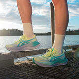Unisex ASICS Superblast 3 neutral daily trainers in Illuminate Yellow and Energy Aqua with breathable mesh uppers.