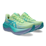 Unisex ASICS Superblast 3 neutral daily trainers in yellow and aqua with breathable mesh upper and cushioned sole.