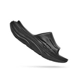Unisex Hoka Ora Recovery Slide 3 shoes in black with cushioned footbed and slip-on design for comfortable recovery and casual wear.
