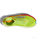 Unisex Hoka Rocket X 2 running shoes in lettuce and solar flare colors with breathable mesh uppers and cushioned soles.