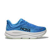 Men's Hoka Bondi 9 Wide running shoes in virtual blue and soft cobalt, featuring a supportive design and wide 2E width.