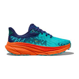 Women's Hoka Challenger ATR 7 wide trail running shoes in vibrant orange with ceramic accents, featuring cushioned soles and durable design.