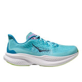 Women's Hoka Mach 6 B-width running shoes in black with white accents, featuring breathable mesh uppers and cushioned soles.