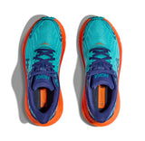 Women's Hoka Challenger ATR 7 wide trail running shoes in vibrant orange with ceramic accents and cushioned design.