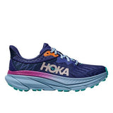 Women's Hoka Challenger ATR 7 Wide hiking shoes in evening sky drizzle color, featuring durable outsole and wide fit for comfort and stability.