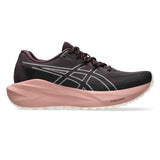 Womens ASICS Blazeblast trail running shoes in dark aubergine with rose dust accents, featuring breathable mesh and durable sole.
