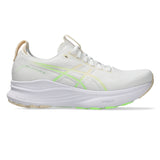 Women's ASICS GEL-Kayano 32 stability trainers in white seashell color with cushioned support and sporty design.