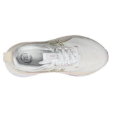 Women’s ASICS GEL-Kayano 33 Wide stability trainers in white and hazy lilac color, showcasing the shoe’s design and cushioning.