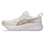 Women's ASICS GEL-Kayano 33 Wide stability trainers in white with hazy lilac accents, designed for comfort and support.