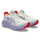 Women's ASICS Nimbus 27 Tokyo neutral daily trainers in cream and Edo purple with breathable mesh and cushioned sole.