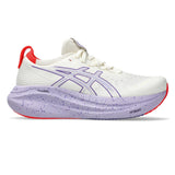 Womens ASICS Nimbus 27 Tokyo neutral daily trainers in cream and Edo purple with breathable mesh upper and cushioned sole.