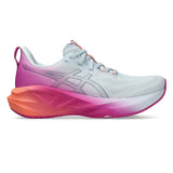Women's ASICS Novablast 5 neutral daily trainers in Sky Digital and Sakura colors, lightweight running shoes with breathable mesh uppers.