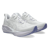 Women's ASICS Novablast 5 wide neutral daily trainers in white and lilac with cushioned midsole and breathable mesh upper.