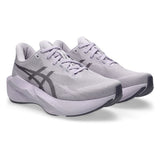 Women's ASICS Novablast 6 neutral daily trainers in lavender and grey with a breathable mesh upper and cushioned sole.
