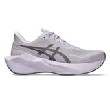 Womens ASICS Novablast 6 neutral daily trainers in lavender and grey with a cushioned running shoe design.