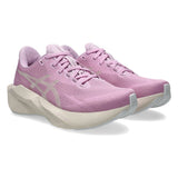 Womens ASICS Novablast 6 neutral daily trainers in hazy lilac and rose dust with breathable mesh upper and cushioned sole.