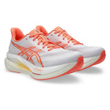 Womens ASICS Sonicblast 2 tempo trainers in white with sun coral accents, featuring breathable mesh and cushioned sole for running.