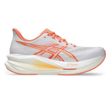 Womens ASICS Sonicblast 2 tempo trainers in white with sun coral accents, featuring breathable mesh and cushioned sole for running.