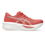 Women's ASICS Sonicblast tempo trainers in dark pink and clay with white accents, designed for running and athletic performance.
