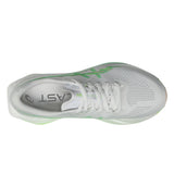 Women's ASICS Sonicblast tempo trainers in white with vibrant green accents, featuring a sleek athletic design and breathable mesh upper.