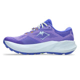 Womens ASICS Trabuco 14 trail running shoes in amethyst and cobalt with rugged outsole and supportive design.