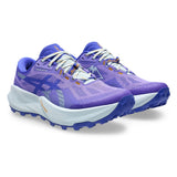 Women's ASICS Trabuco 14 trail running shoes in amethyst and cobalt with rugged outsole for outdoor running.