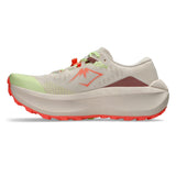 Womens ASICS Trabuco Max 5 trail running shoes in rose dust and sun coral with breathable mesh and rugged outsole.